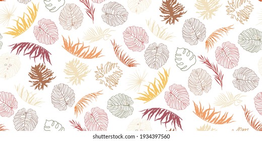 Seamless pattern of minimalist botanical wall art. Beautiful flying leaves isolated on white. Great for design wall decoration, fabric, wallpaper, wrapping paper, advertising, packaging . Vector