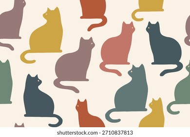Ein nahtloses Muster aus minimalistischen Katzen in sanften Erdtönen, das eine ruhige und gemütliche Ästhetik schafft, die perfekt für Tapeten, Stoffe und moderne Designprojekte ist.