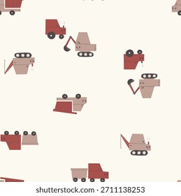 A seamless pattern of minimalist construction vehicles in red and beige tones on an off-white background. Ideal for kids' textiles and design projects