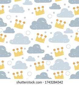 Seamless Pattern Minimalist drawing doodle with ink princess painting with glittering star magic wand.