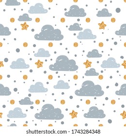 Seamless Pattern Minimalist drawing doodle with ink princess painting with glittering star magic wand.