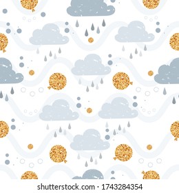 Seamless Pattern Minimalist drawing doodle with ink princess painting with glittering star magic wand.