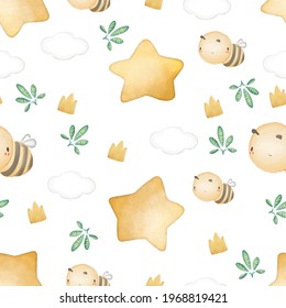 Seamless Pattern Minimalist drawing doodle with ink princess painting with glittering gold.