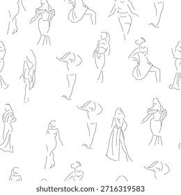 Patrón sin fisuras con siluetas femeninas minimalistas en estilo de arte de línea. Elegante ilustración en blanco y negro que expresa feminidad, movimiento y estética de moda moderna.