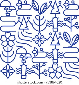 Seamless pattern, minimalist flower and plant outline illustration in blue tone