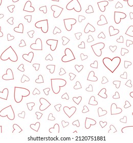Seamless pattern minimalist heart without fill. Contour red line, white background.
