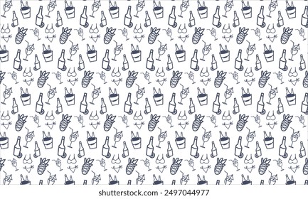 Seamless pattern with minimalist line art of beach essentials: sunglasses, cocktails, ice buckets, wine, bikinis, pineapples. Navy blue on white. Perfect for summer designs.