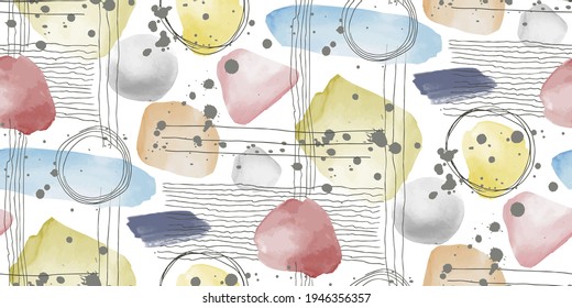 Seamless pattern of minimalist lines and colored watercolor spots on landscape frame. Mid century modern graphic. 70s retro funky graphic. Travel and tourism concept. Great for design wall decoration, fabric, wallpaper, wrapping paper. Vector