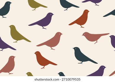 Padrão contínuo de aves pastel minimalista em um fundo claro, criando um design decorativo calmo e moderno ideal para impressões e decoração de casa.
