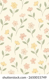 Um padrão sem emenda com flores de pastel minimalista e folhas verdes delicadas em um fundo bege macio. Perfeito para papéis de parede, embalagens, impressões de tecido e produtos digitais.
