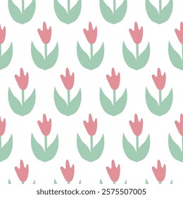 Seamless Pattern of Minimalist Pink Tulip Flowers with Green Leaves on a White Background for Fabric or Decor