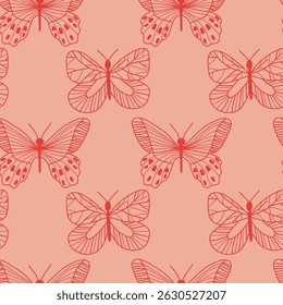 Seamless Pattern of Minimalist Red Butterflies on a Pink Background. Illustration featuring a repeating pattern of stylized red butterflies with intricate wing designs on a pastel pink backdrop