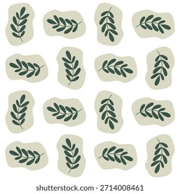 Seamless pattern of minimalist sage green leaves on organic abstract shapes. Hand drawn doodle leaves branches in sage green color on beige organic shapes.