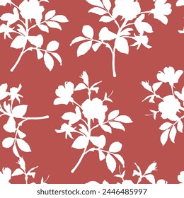 Seamless pattern of minimalist silhouette flower two-tone with red background. Modern floral pattern, Vintage floral background, Pattern for design wallpaper, Gift wrap paper and fashion prints.