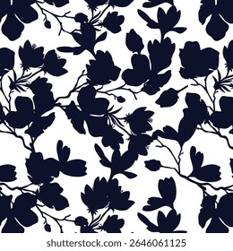 Padrão contínuo de flor de silhueta minimalista de dois tons com fundo plano. Padrão floral moderno, fundo floral vintage, padrão para papel de parede de design, papel de embrulho de presente e impressões de moda.
