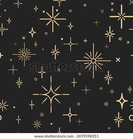 Seamless pattern of minimalist sparkle, star, and twinkle icons on a dark background, for luxury packaging, wrapping, fashion textiles, festive branding, digital background design. Vector illustration