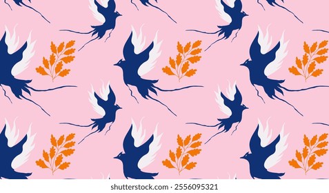 Seamless pattern minimalist style different flying birds. Floral textures for backgrounds, wallpapers, textiles and fashion.