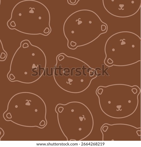 Seamless pattern with minimalist teddy bear faces in outline style on a dark brown background. Perfect for kids’ fabric, modern nursery decor, gift wrap, and stylish packaging.