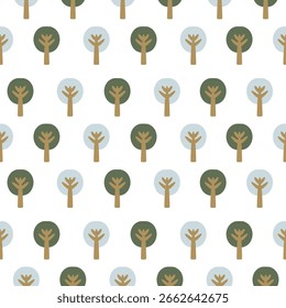 Seamless pattern of minimalist trees in warm earthy tones and scandinavian style