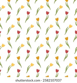 Seamless Pattern of Minimalist Tulip Flowers with Green Leaves on a White Background for Fabric or Decor