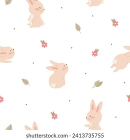Seamless pattern with minimalistic childish bunny flowers. Cute vector illustration in pastel colors with floral elements, for design, fabric and textiles.