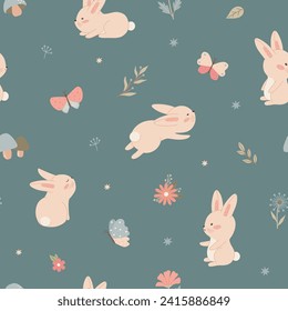 Seamless pattern with minimalistic childish bunny flowers on green. Cute vector illustration in pastel colors with floral elements, for design, fabric and textiles.