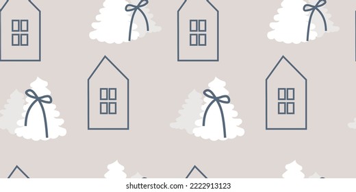 
Seamless pattern. Minimalistic drawing, houses, Christmas trees. Pattern for holiday packaging, wallpapers, backgrounds, fabrics.