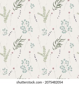 Seamless pattern of minimalistic dried flowers: Lavender, Gomphrene, Eucalyptus.