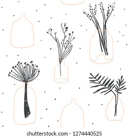 Seamless pattern with minimalistic elegant glass vases with plants, flowers and leaves. Scandinavian hygge elements perfect for textile, fabric, posters, cards
