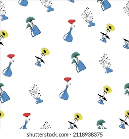 Seamless pattern with minimalistic elegant glass vases with plants, flowers and leaves. Scandinavian floral line art elements for textile, fabric, posters, postcards.