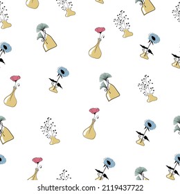 Seamless pattern with minimalistic elegant glass vases with plants, flowers and leaves. Scandinavian floral line art elements for textile, fabric, posters, postcards.