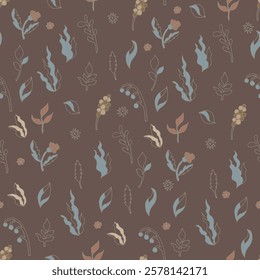 Seamless pattern with minimalistic floral and leaf elements in soft earthy tones on a dark brown background, created in a clean vector style. Great for modern designs and decor.