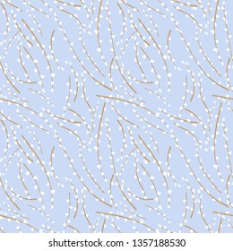 seamless pattern with minimalistic flowering branches without leaves against the clear spring sky