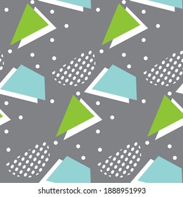 Seamless pattern in minimalistic geometric style. Grey, green, blue and white colors. Memphis style retro print. Abstract doodle background. Endless design. Print for textile, fashion and decor. 