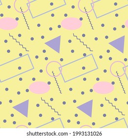 Seamless pattern in minimalistic geometric style. Pink, blue, yellow and black colors. Memphis style retro print. Abstract doodle background. Endless design. Print for textile, fashion and decor