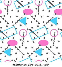 Seamless pattern in minimalistic geometric style. Pink, blue, yellow and black colors. Memphis style retro print. Abstract doodle background. Endless design. Print for textile, fashion and decor