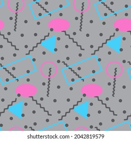 Seamless pattern in minimalistic geometric style. Pink, blue, grey and black colors. Memphis style retro print. Abstract doodle background. Endless design. Print for textile, fashion and decor