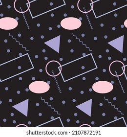 Patrón sin foco en un estilo geométrico minimalista. Color rosa, violeta, gris y negro. Impresión retro estilo Memphis. Fondo abstracto del doodle. Diseño sin fin. Impresión para textiles, moda y decoración. 