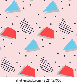 Seamless pattern in minimalistic geometric style. Pink, blue, red and black colors. Memphis style retro print. Abstract doodle background. Endless design. Print for textile, fashion and decor