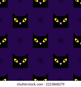 Seamless pattern of minimalistic head of black cat with yellow eyes on a dark blue background. Vector cartoon flat character, Halloween concept.