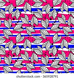 Seamless pattern with minimalistic leafs and bright stripes.