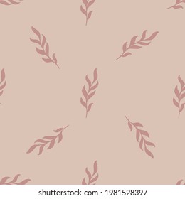 Seamless pattern with minimalistic leaves twig ornament. Pale lilac background. Herbal vintage backdrop. Graphic design for wrapping paper and fabric textures. Vector Illustration.