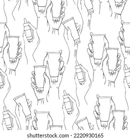 Seamless pattern in minimalistic line art style with the image of male and female hands holding tubes and jars
