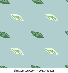 Seamless pattern with minimalistic little green and white leaf ornament. Blue background. Simple style. Perfect for fabric design, textile print, wrapping, cover. Vector illustration.