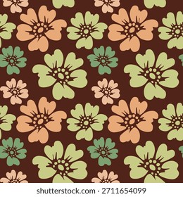 Seamless pattern of minimalistic multicolored flowers on a dark background