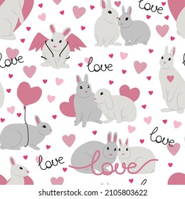 Seamless pattern with minimalistic rabbits with hearts. Love and Valentine's Day. Hand drawn cute pattern