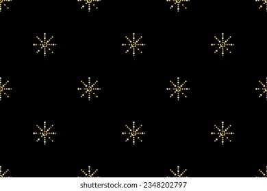 Seamless pattern. Minimalistic star or snowflake with gold glitter points on a black background. Merry Christmas and New Year. 