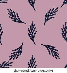 Seamless pattern in minimalistic style with dark leaf twigs shapes. Pastel purple background. Foliage print. Flat vector print for textile, fabric, giftwrap, wallpapers. Endless illustration.