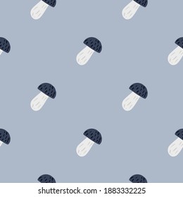 Seamless pattern in minimalistic style with doodle simple mushroom print. Blue background. Designed for fabric design, textile print, wrapping, cover. Vector illustration.