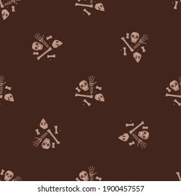 Seamless pattern in minimalistic style with doodle skull and bones ornament. Maroon dark background. Stock illustration. Vector design for textile, fabric, giftwrap, wallpapers.